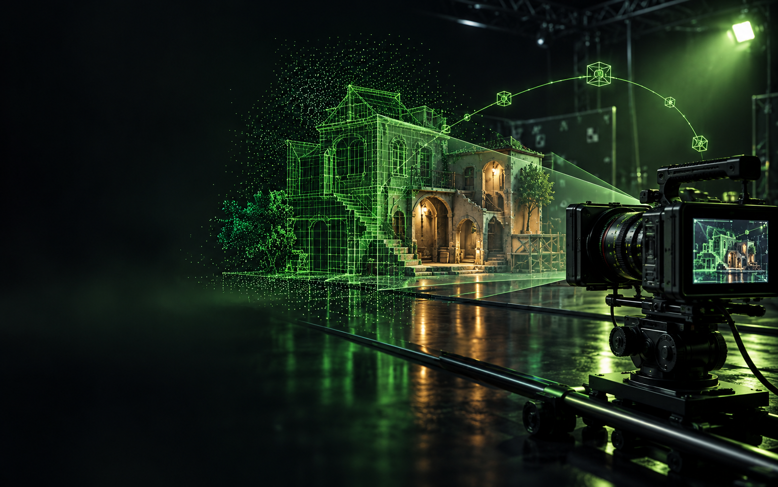 CineTrack concept artwork showing a cinema camera, spatial wireframe set, and tracking path